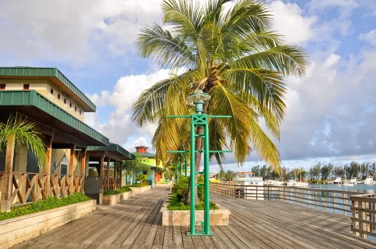 Wooden boardwalk with palm trees and kiosk buildings at La Guancha in Ponce