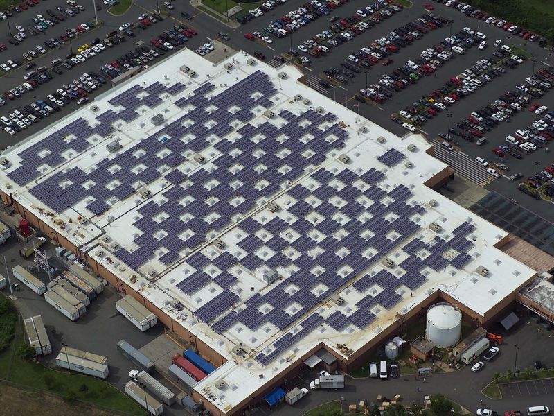 Solar panels installed on the roof of a Walmart Supercenter in Caguas, Puerto Rico