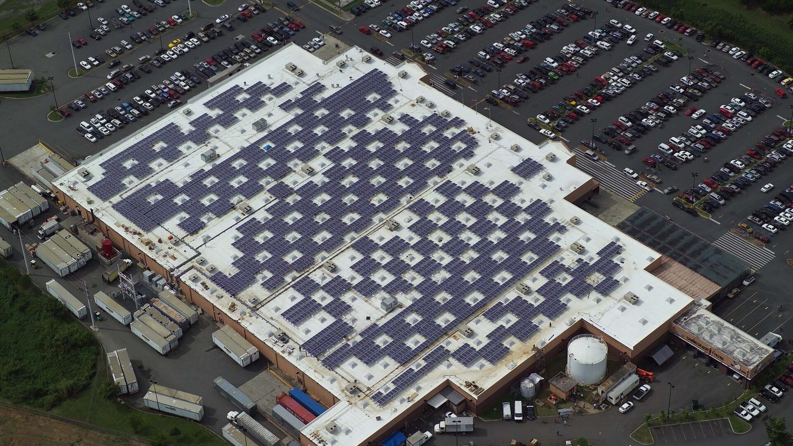 Solar panels installed on the roof of a Walmart Supercenter in Caguas, Puerto Rico