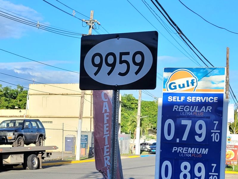 Gasoline price sign on a road in Canóvanas, Puerto Rico