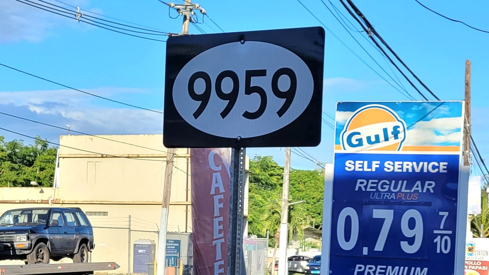 Gasoline price sign on a road in Canóvanas, Puerto Rico