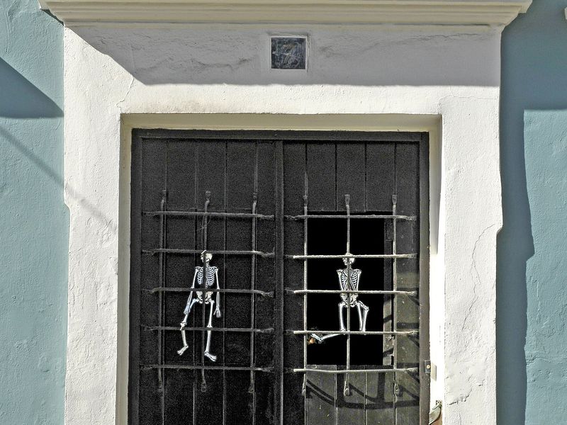 Halloween-decorated door at a historic building in Old San Juan, Puerto Rico