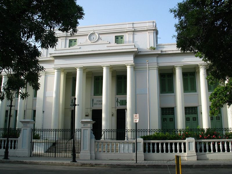Partial front facade of Ponce High School in Ponce, Puerto Rico