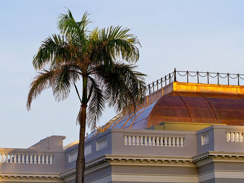 Exterior view of the Antiguo Casino de Puerto Rico building at sunset