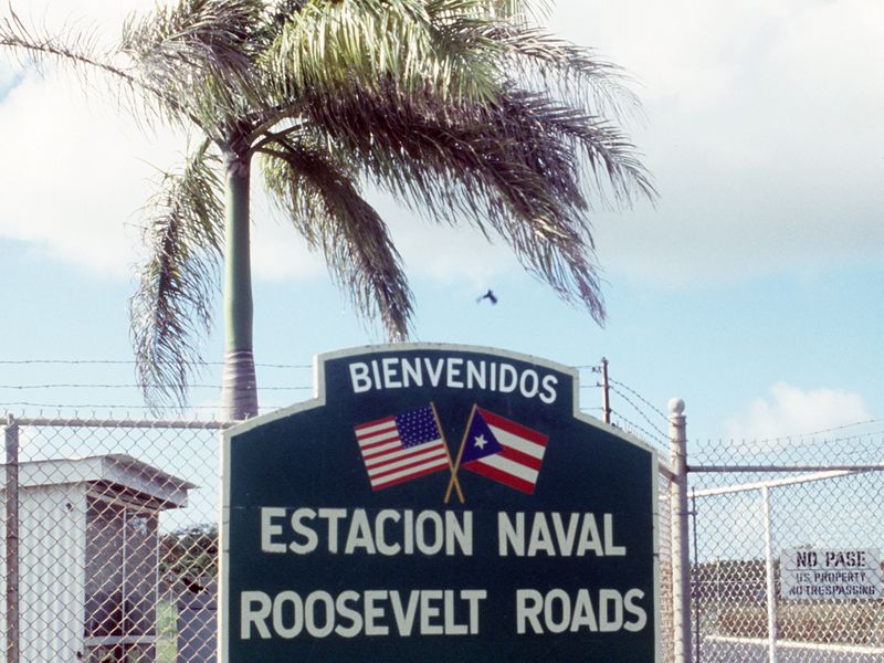 Main gate entrance sign at U.S. Naval Station Roosevelt Roads, Puerto Rico