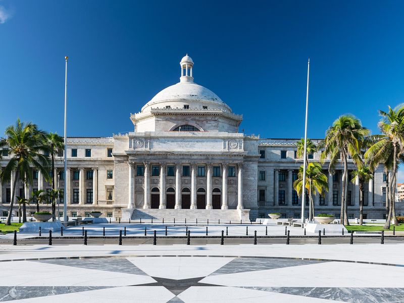 Front facade of the Capitol of Puerto Rico overlooking the Atlantic Ocean