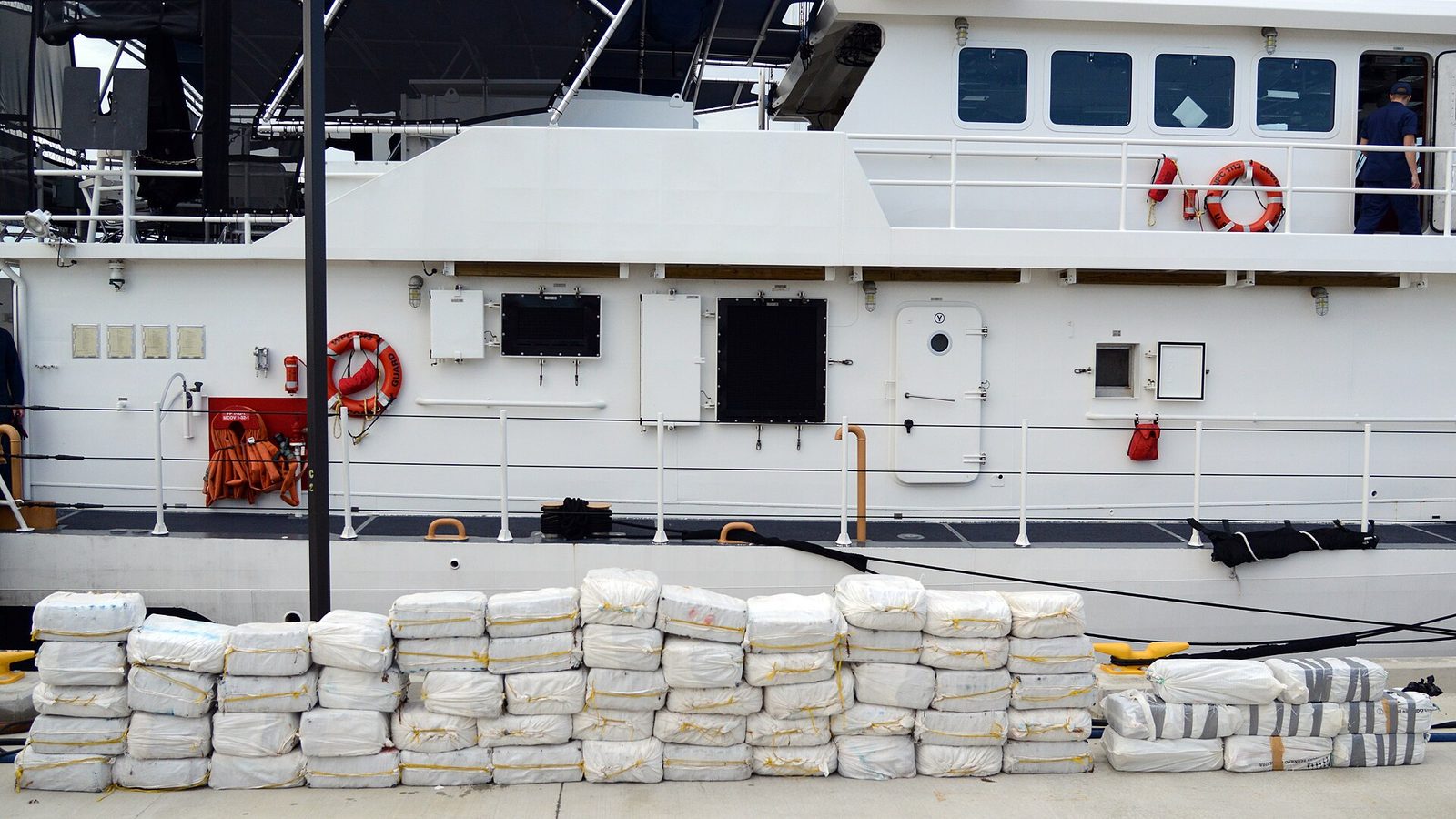 Coast Guard members offloading bales of cocaine at Coast Guard Base San Juan, Puerto Rico