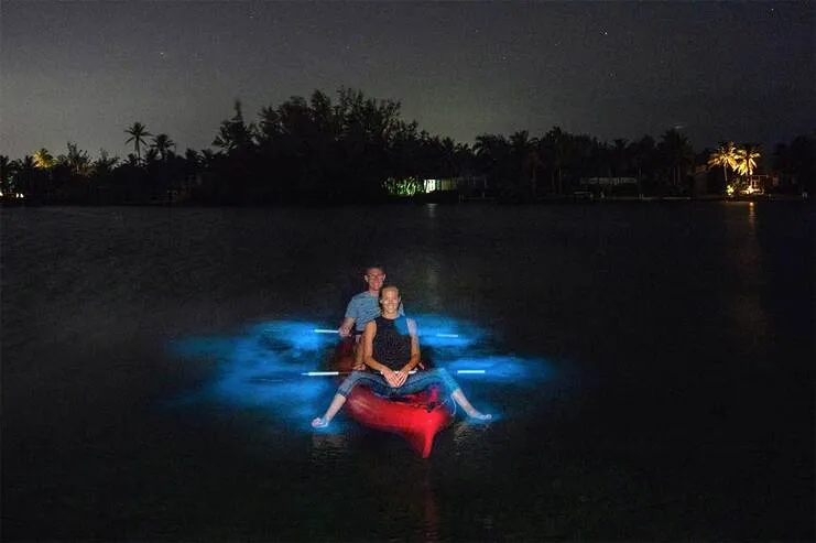 imagen de dos personas en un kayak en el agua con bioluminiscencia brillando a su alrededor