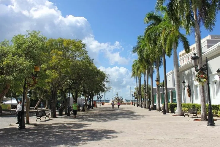 Paseo de la Princesa arbolado al pie de las murallas del Viejo San Juan