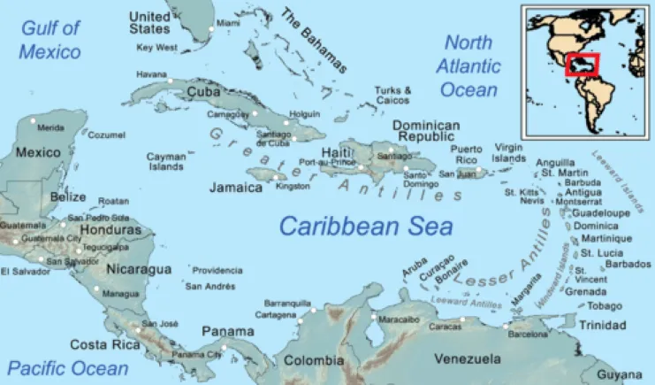 Mapa del Caribe con Puerto Rico en las Antillas
