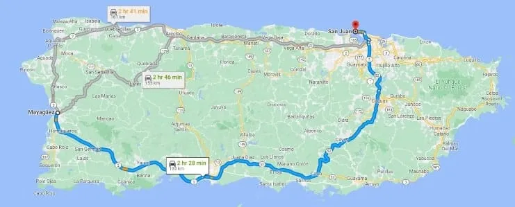 mapa de la ruta de Mayagüez a San Juan