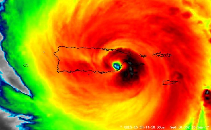 image showing a satellite photo of Hurricane Maria while passing through Puerto Rico